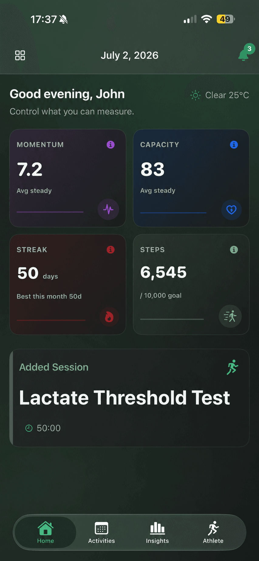 Marzic Home screen showing momentum, capacity, streak, steps, and an added session